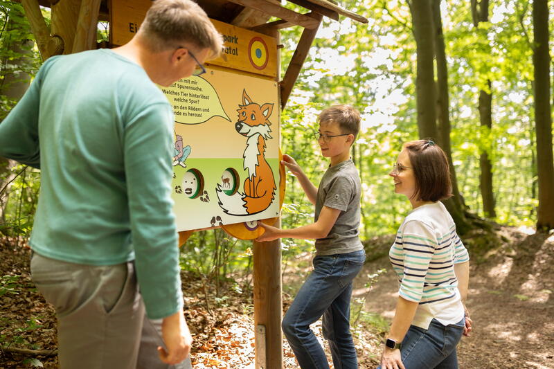 Familie gemeinsam an einer Erlebnisstation am Pirschpfad Dieterode